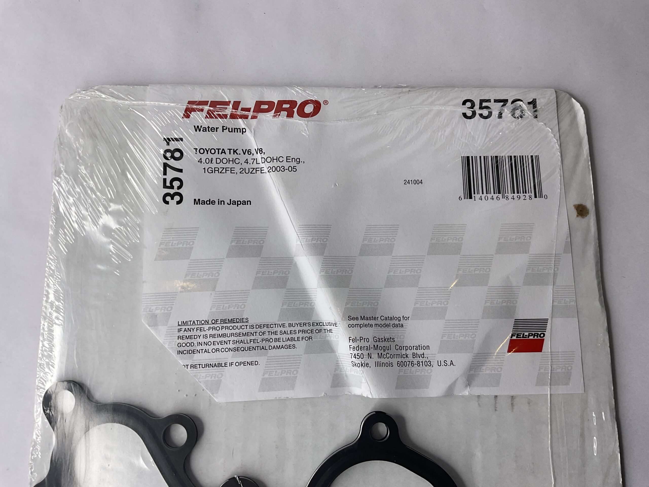 Fel-Pro Water Pump Gasket Toyota V6, V8 4.0L, 4.7L “New, Stock No: 405”