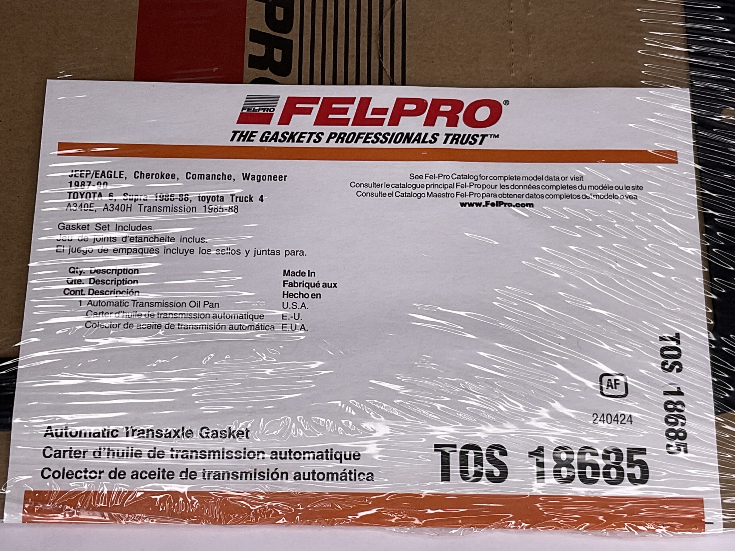 Fel-Pro Automatic Transmission Pan Gasket Jeep/Eagle/Toyota Part No: TOS 18685 “New, Stock No: 493”