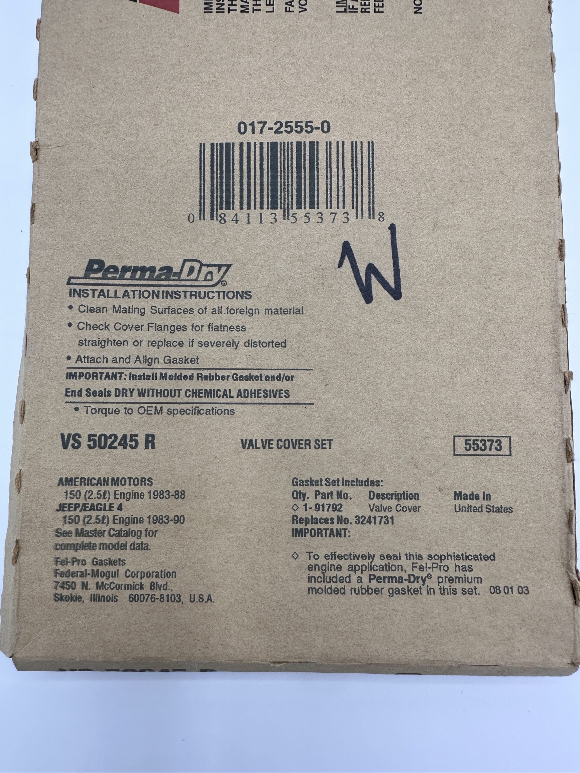 Fel-Pro Valve Cover Gasket Set AMC/Jeep/Eagle 2.5L Part No: VS 50245 R (New, Stock No: 0963)